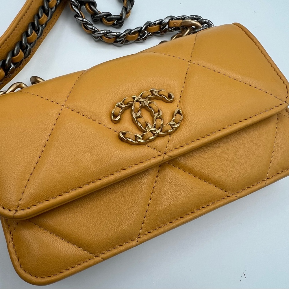 Chanel 19 Wallet On Chain Lambskin mustard yellow shoulder bag❤️ - Picture 7 of 13